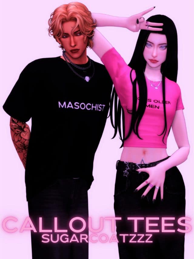 male and female sims dressed in tees