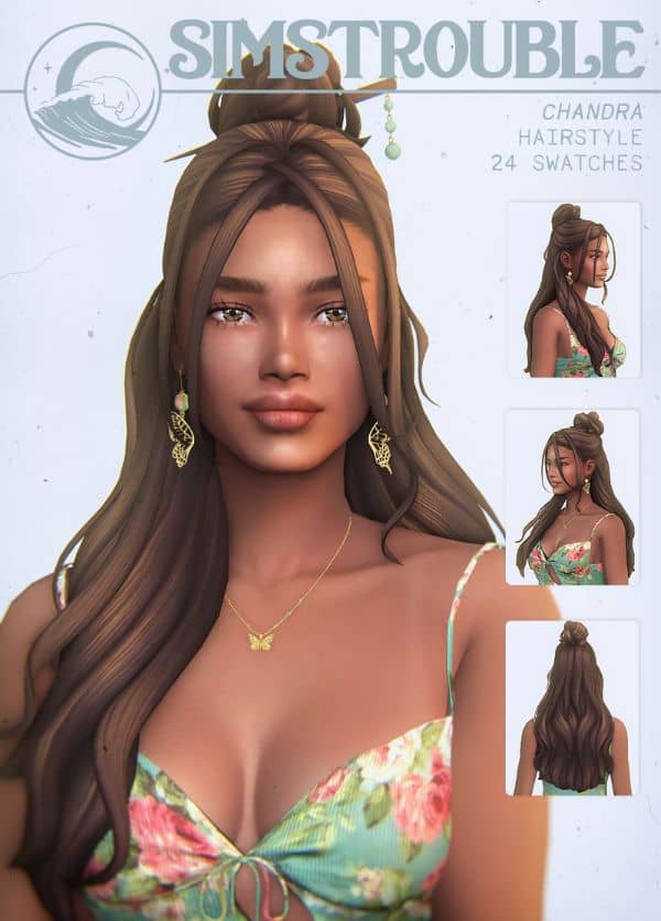 female sims with long hair with a half updo bun