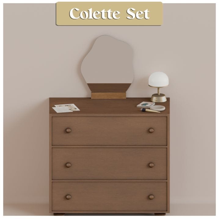 a dresser with a mirror, lamp and decor clutter