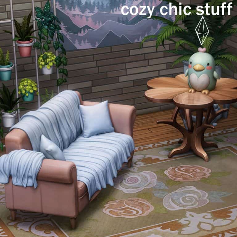 a cozy sofa and flower shaped table