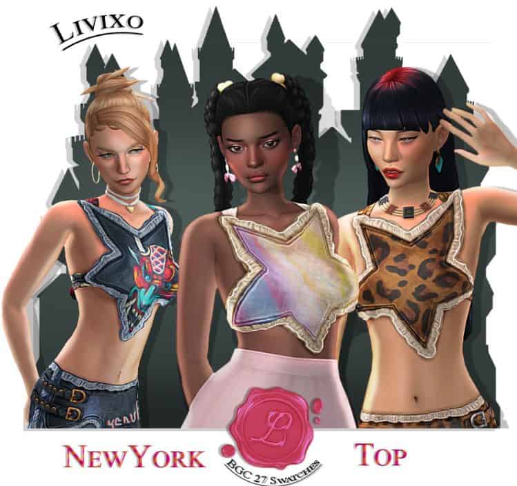 three female sims dressed in star-shaped crop tops