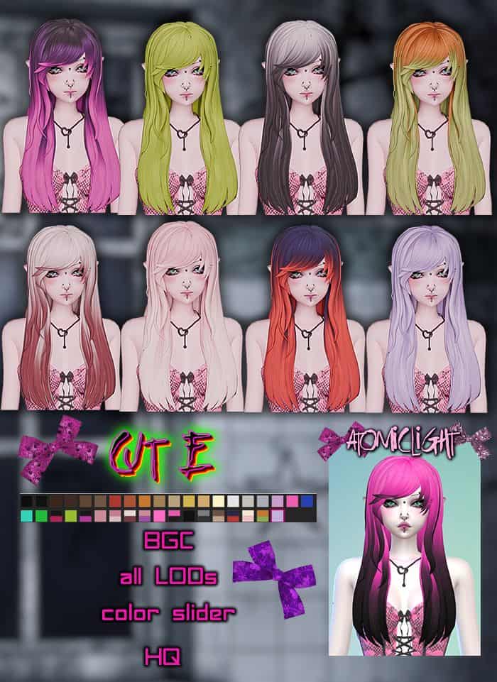 collage of female sims with long colored hair with bangs