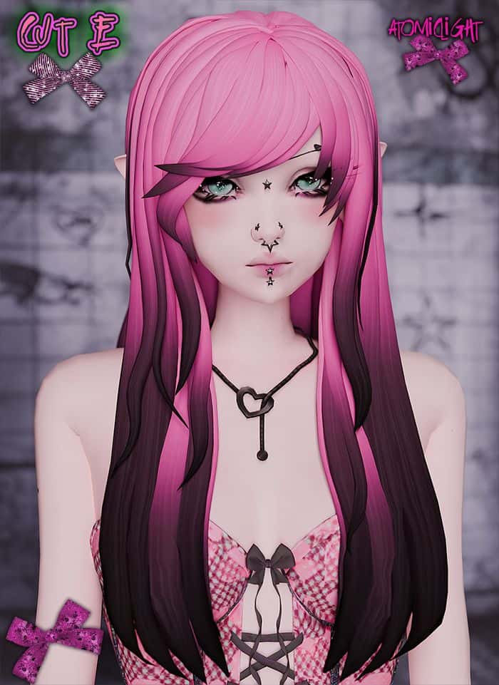 female sim with long pink hair with side-swept bangs