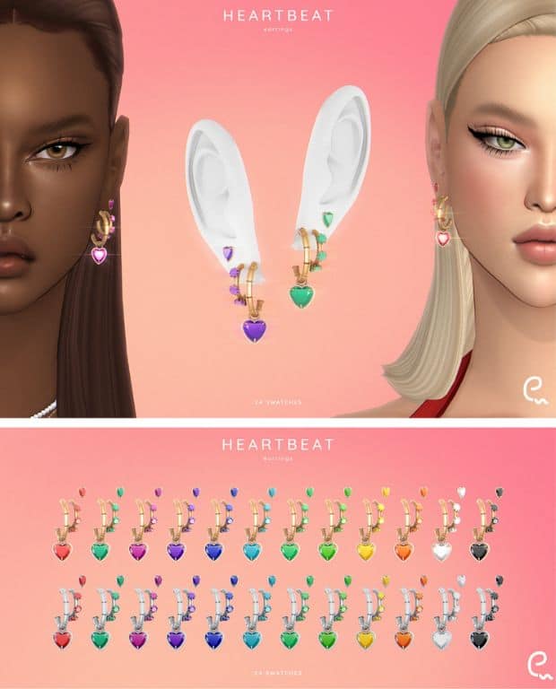 female sims with heart-shaped earrings and color swatches below