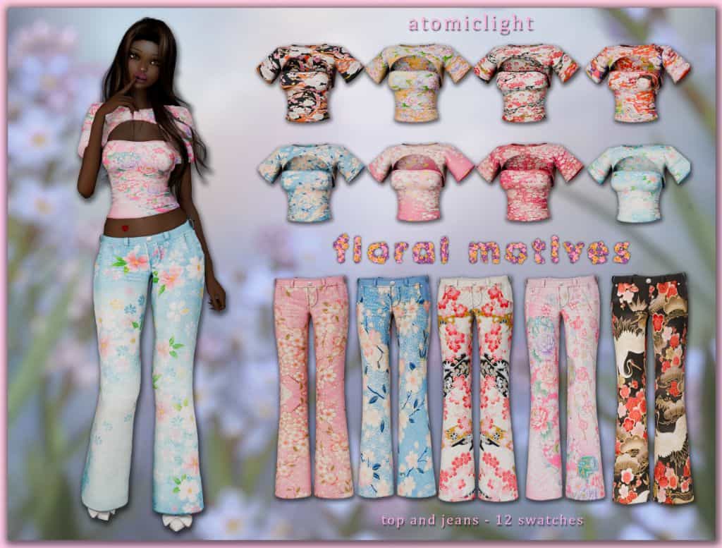 female sims standing next to floral tops and jeans