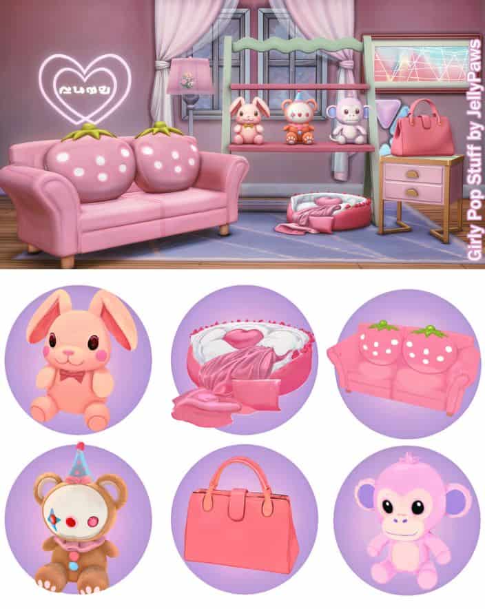 pink furniture, a pink purse and plushies