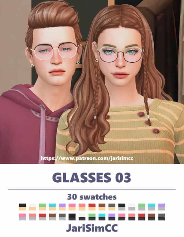 male and female sims wearing semi-round glasses