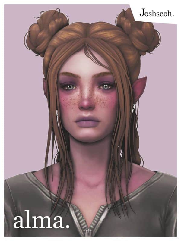 purple faced sim with space hair buns and long bangs hanging down the front