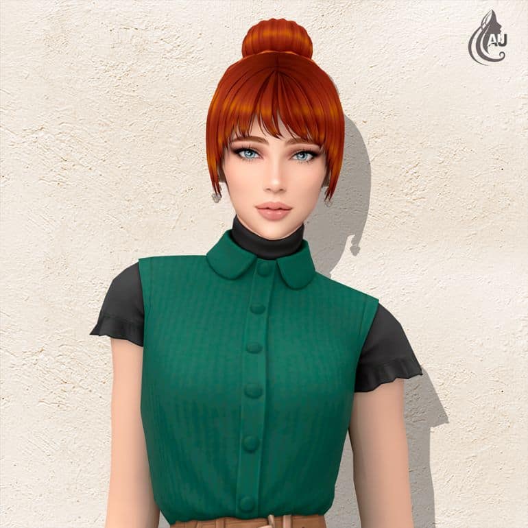 female sim with red hair in an updo and layered bangs