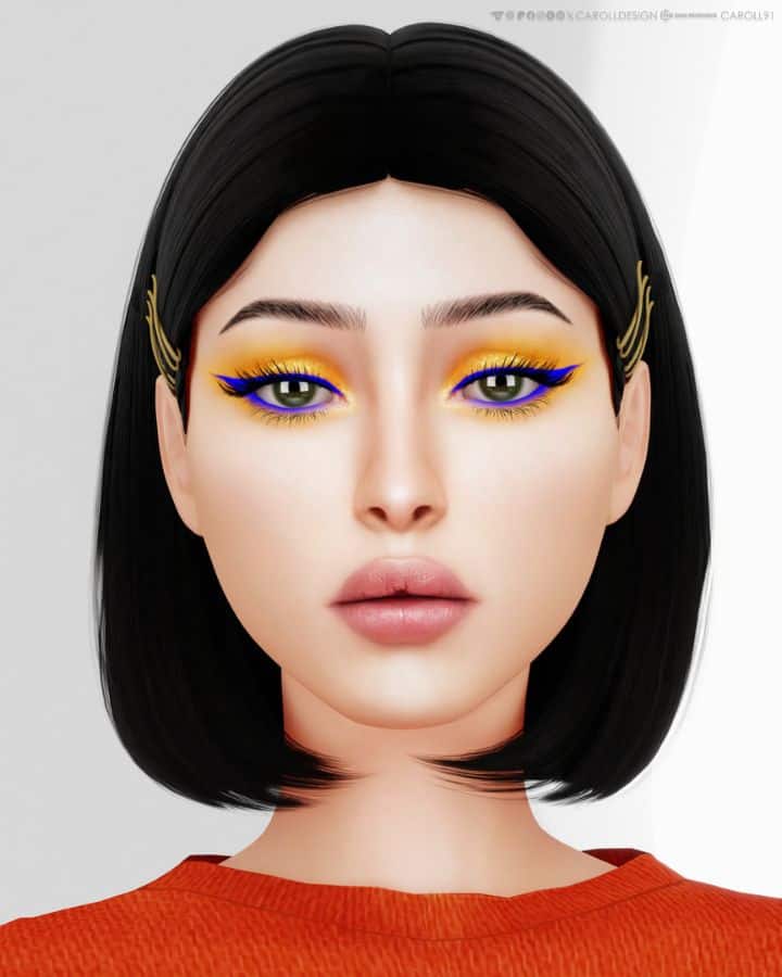 a female sim with yellow eyeshadow and bright blue eyeliner