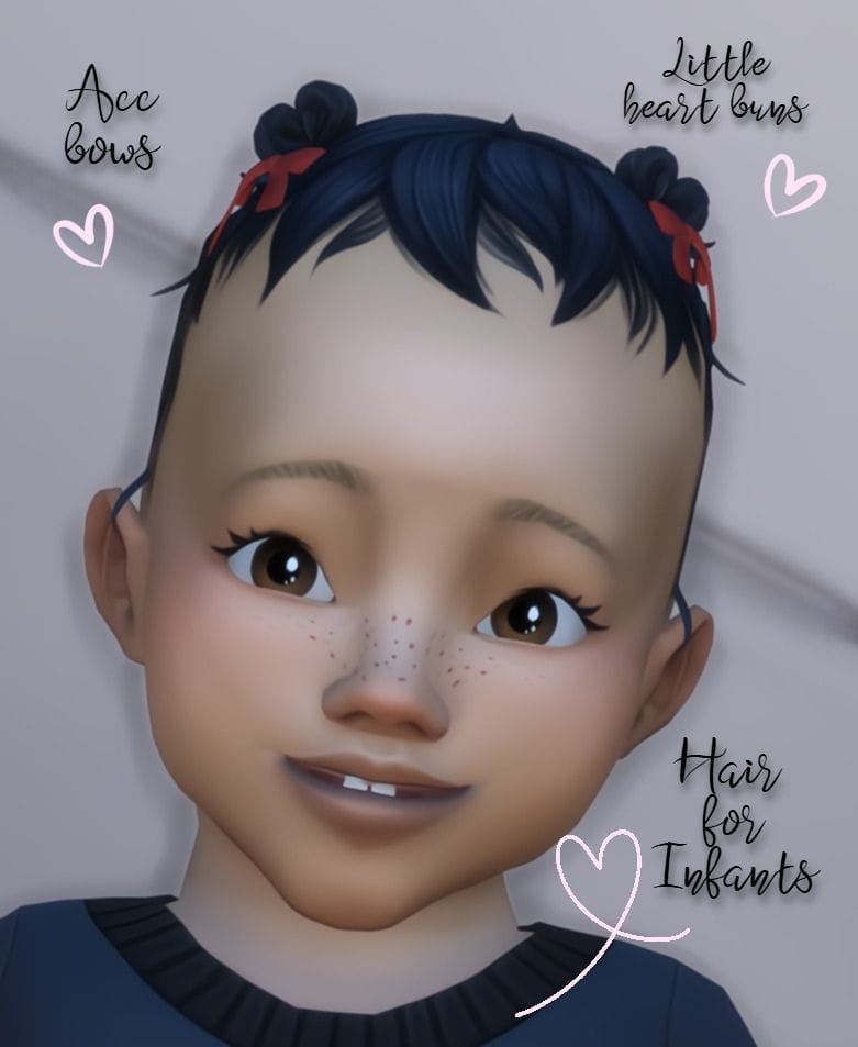 infant sim with small heart buns and red bows