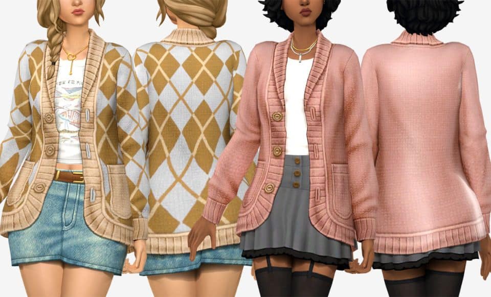 two sims modeling a cardigan-style jacket front to back