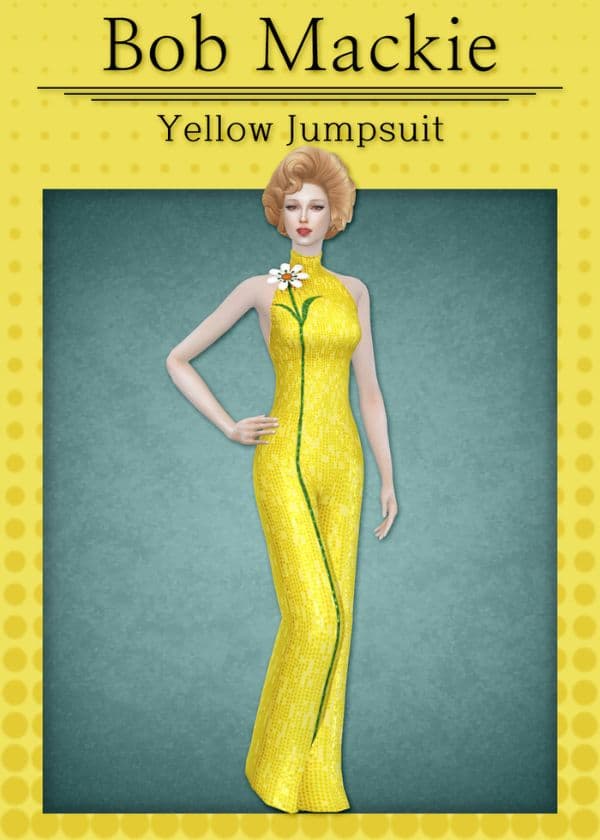 female sim wearing a yellow jumpsuit