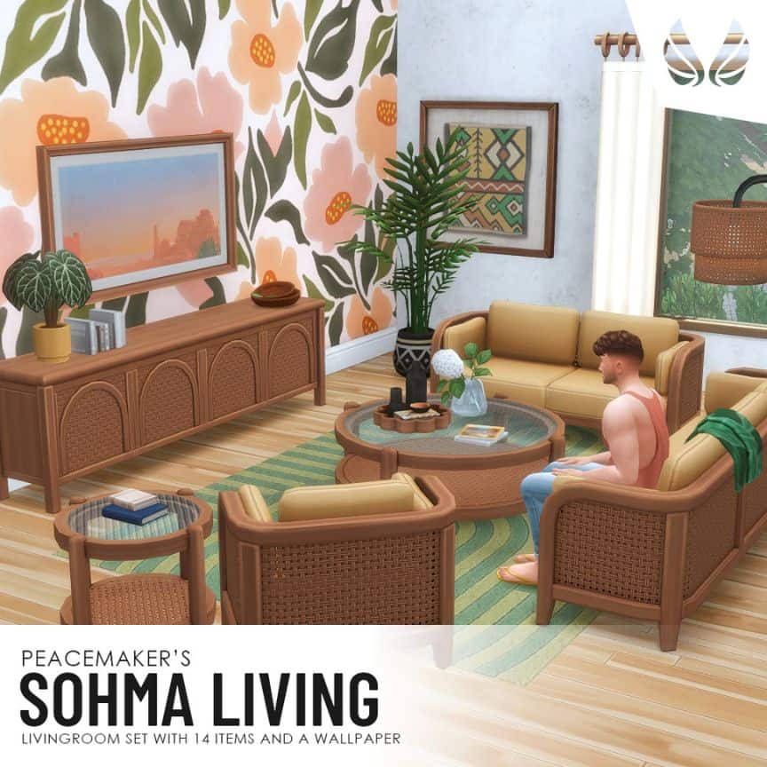 male sims in a rattan-style living room with floral wallpaper