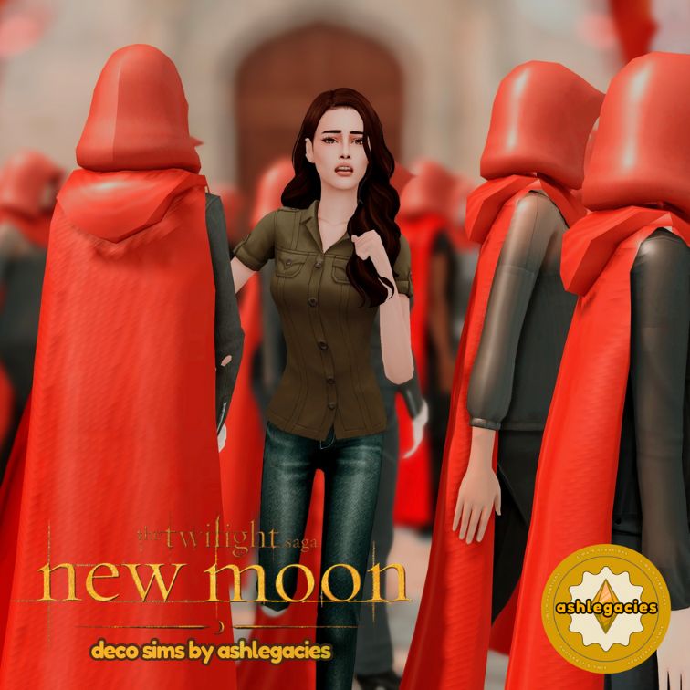 Bella sim among towns people wearing red cloaks