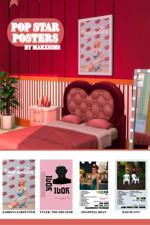 bedroom with Sabrina Carpenter poster and more below in a collage