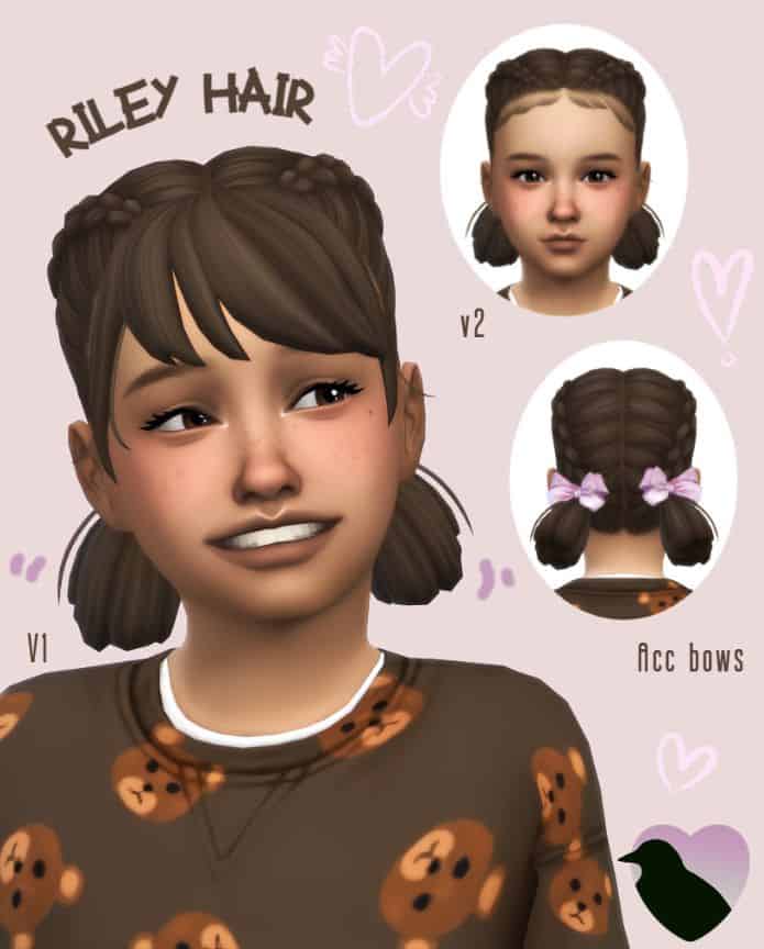 female kid sim with braided pigtails and bows