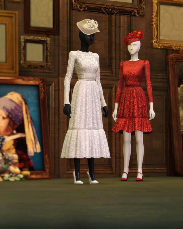 two mannequins dressed in modern royal outfits