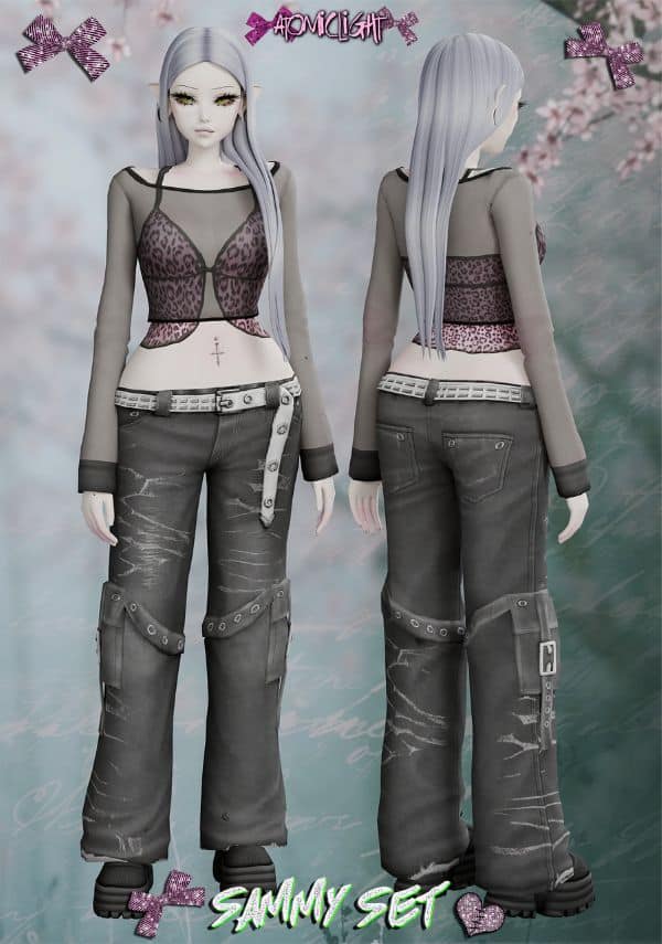 female sim dressed in a animal cami with a sheer overlay and jeans