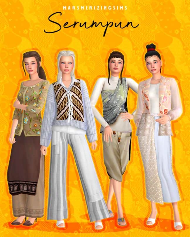 four female sims dressed in clothes with Indonesian flare