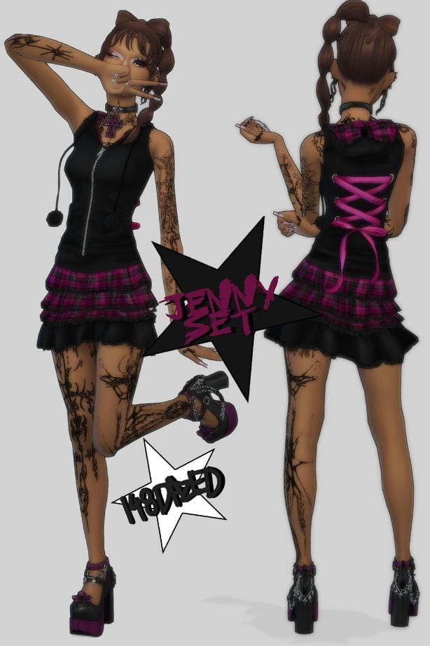 female sims dressed in tops with lace ties at the back and frilly mini skirts
