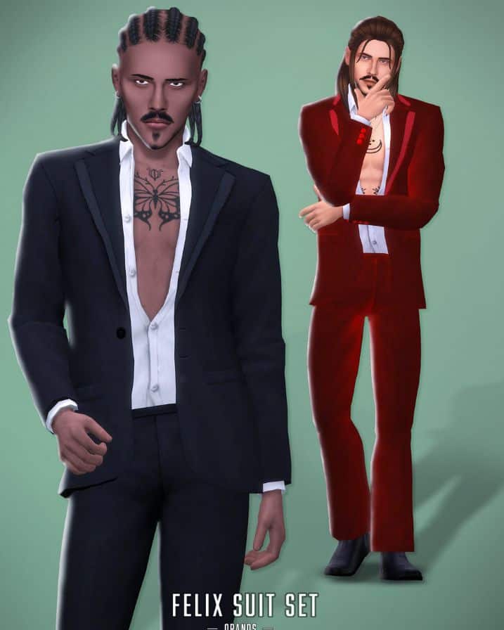 two male sims wearing a suit with a deep open front shirt