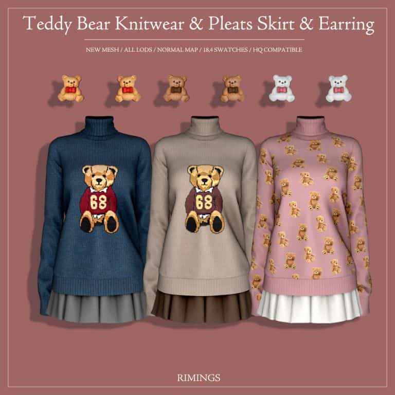 collage of teddy bear themed clothing and earrings