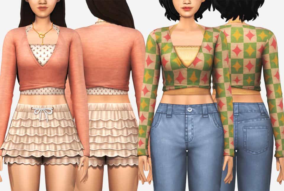 female sims modeling a long sleeve layered crop top front to back