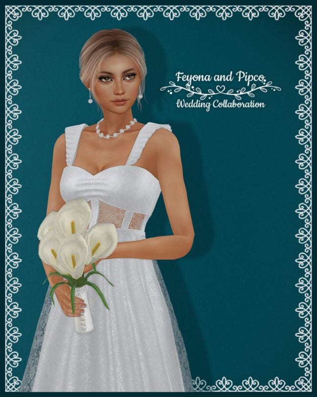 blond female sim wearing a wedding dress and holding a bouquet