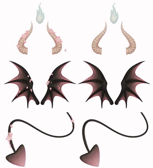 collage of demon horns, wings and tails