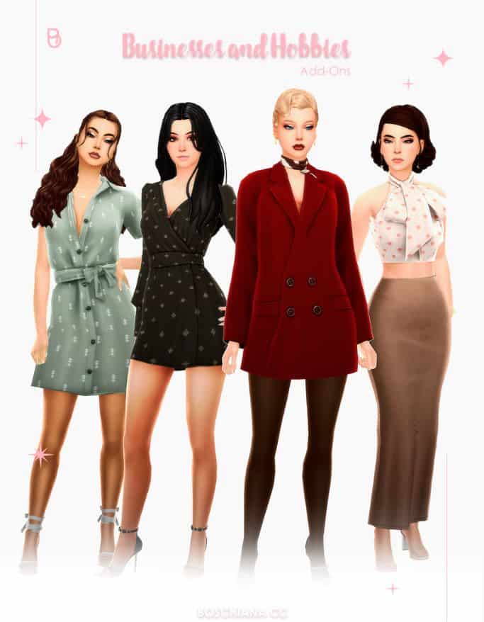 four female sims modeling mixed clothing styles