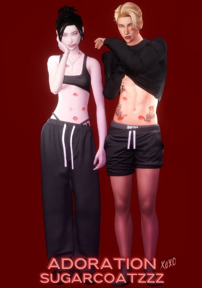 male and female sims with red kiss marks over their bodies