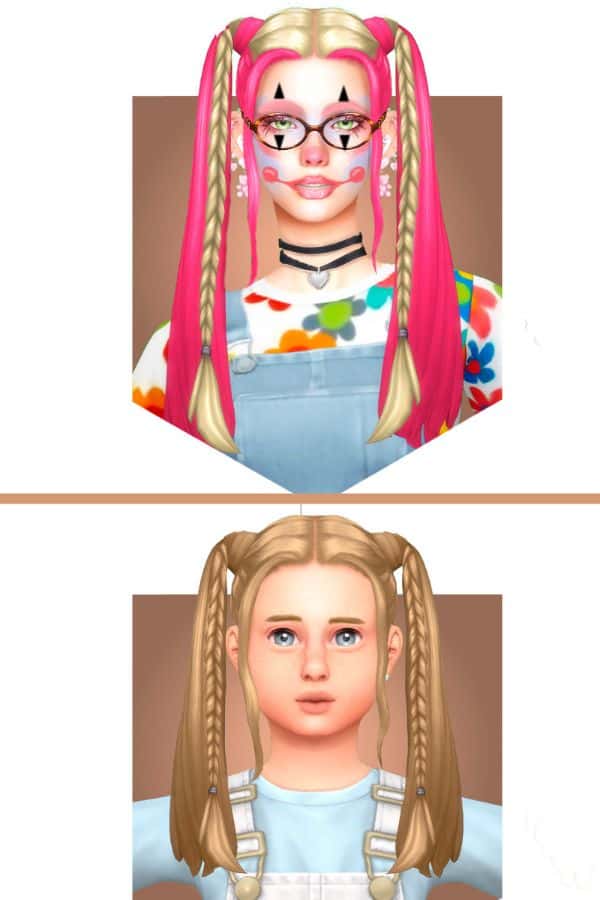 two female sims with side pigtails and one has clown makeup and pink streaks