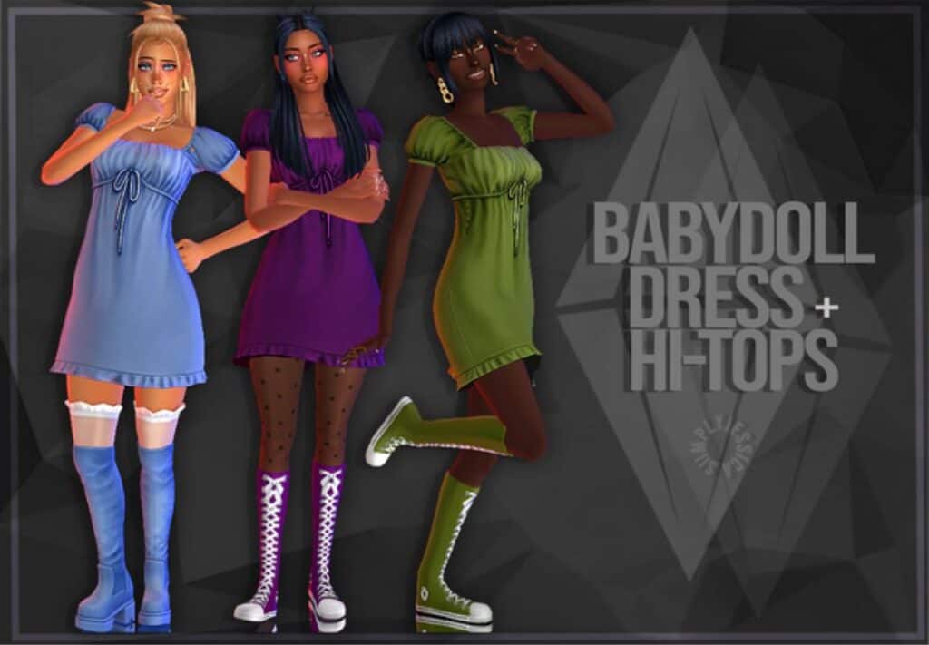 three female sims dressed in babydoll dressed and hi-tops shoes