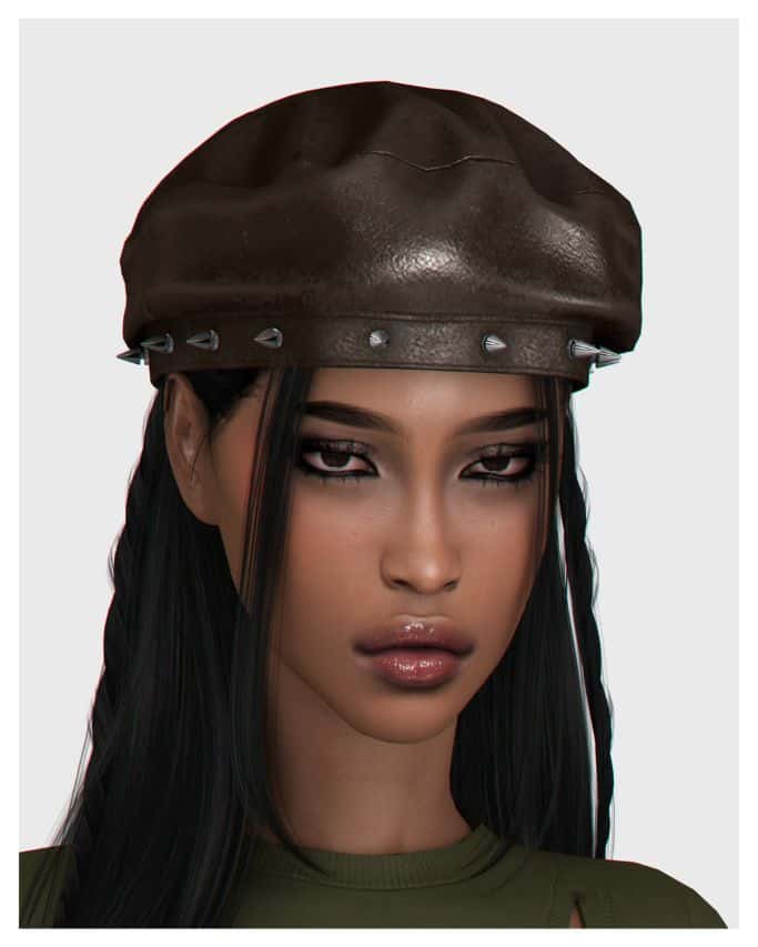 female sim wearing a brown leather beret with silver spikes
