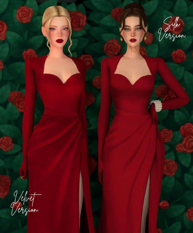 two female sims dressed in crimson colored dresses