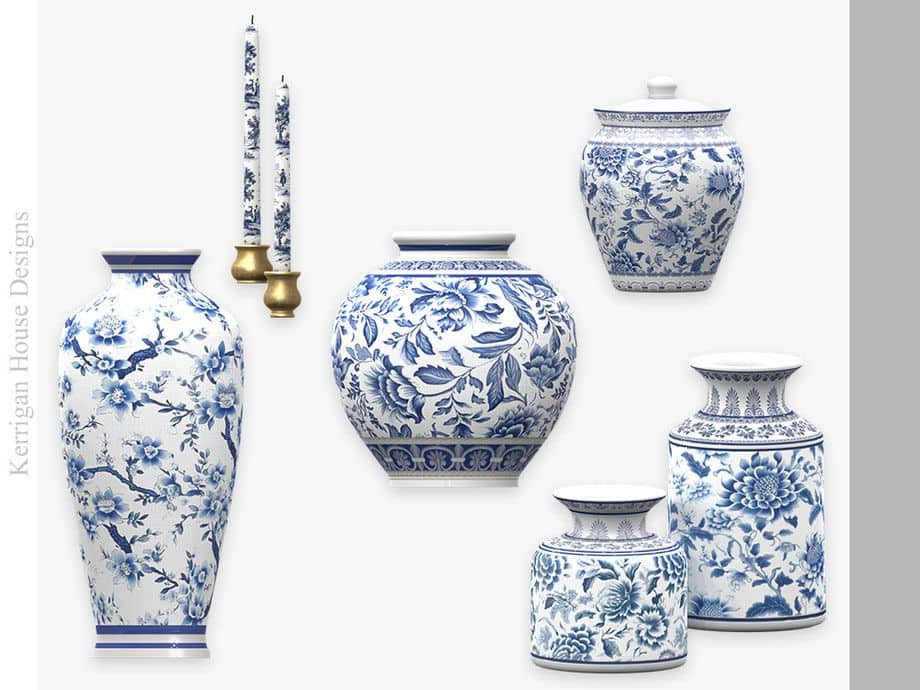 different white and blue porcelain pieces