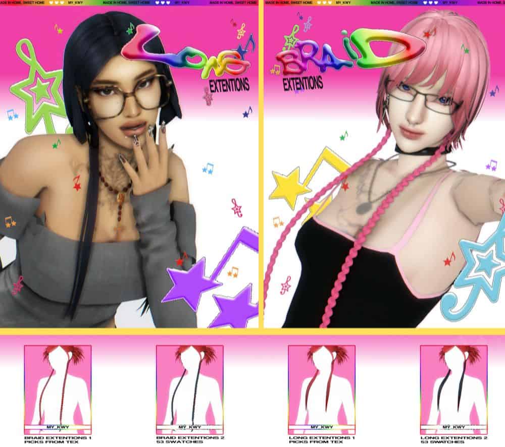 two female sims wearing hair extensions