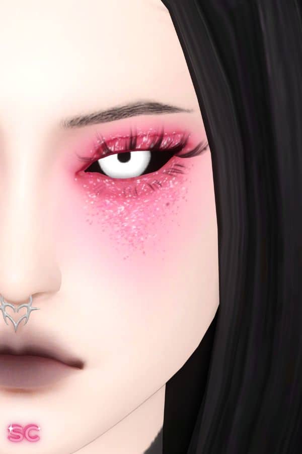 female sim with glittery reddish eyeshadow