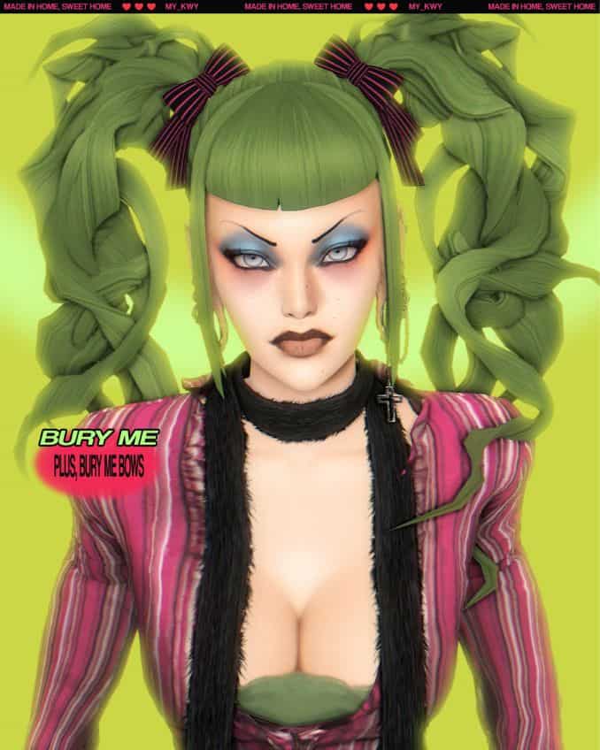 female sim with impressive high-volume green twisted pigtails