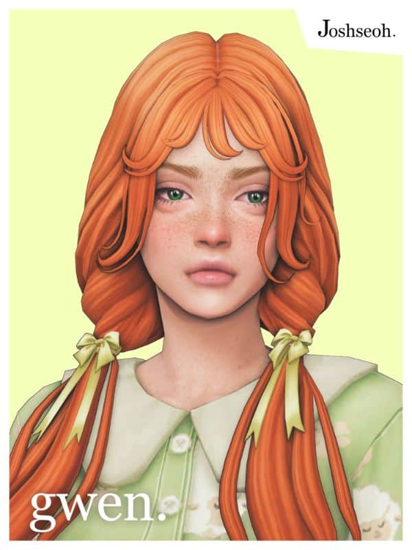 female sim with red hair in two pigtails with bows