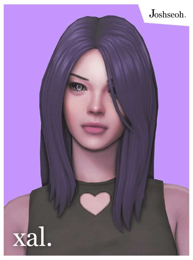 female sim with deep purple layered hair