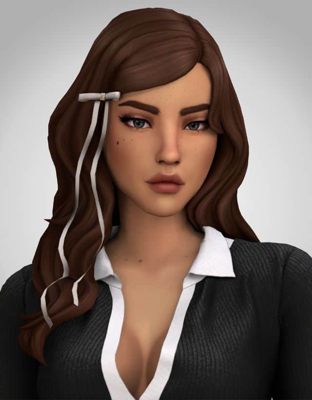 female sim with a loose wavy hairstyle and white ribbon