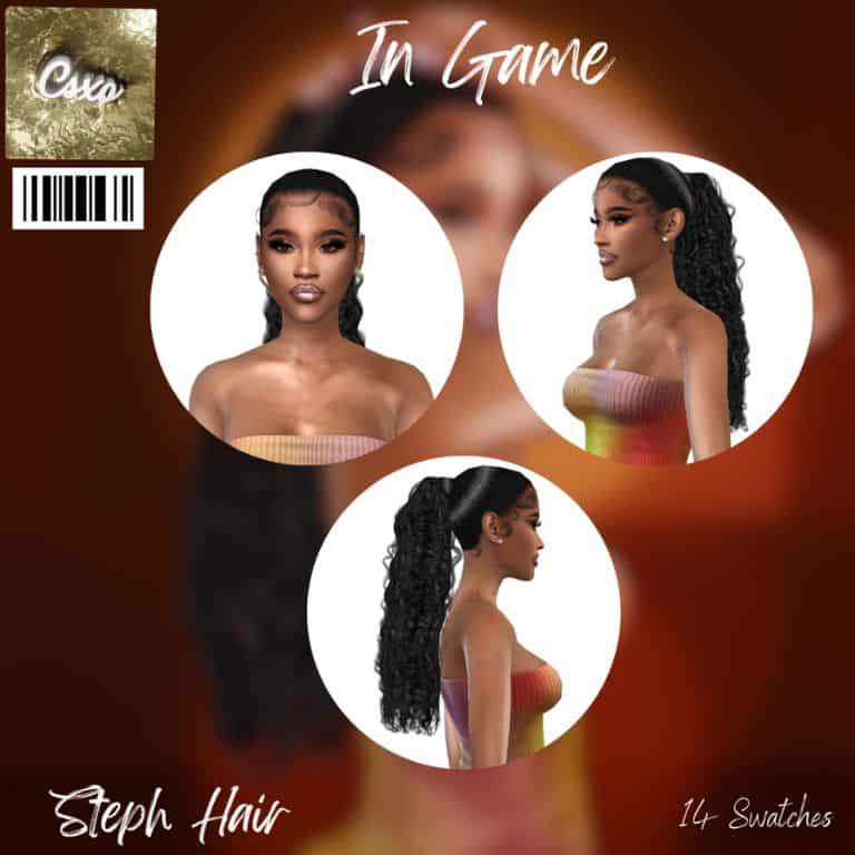 collage of a black female sim with a long curly ponytail shown from different angles