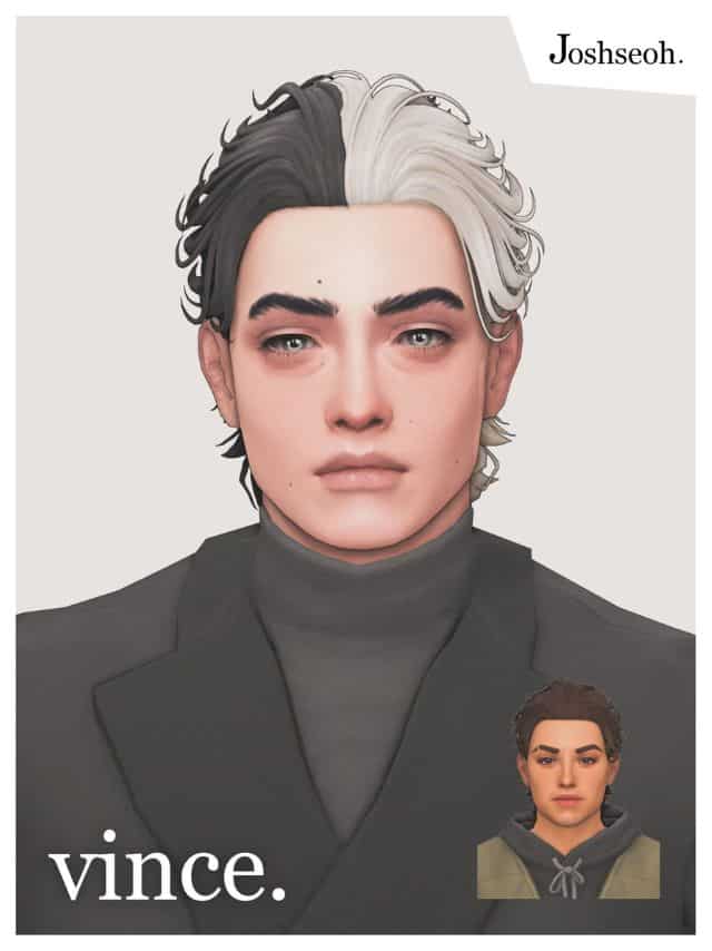 male sim with short combed back hair split into black and white sides