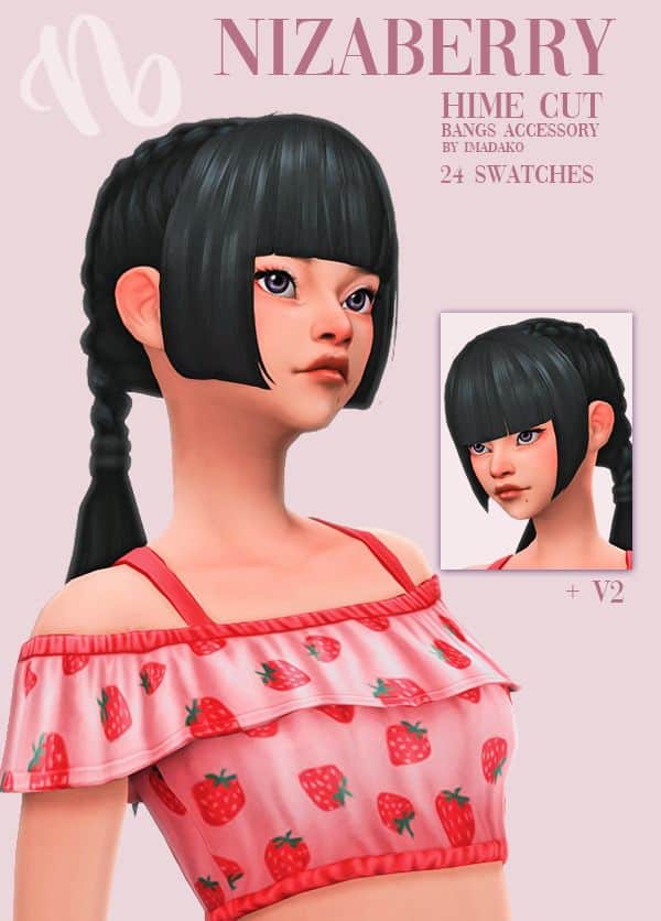 female sim with black hair and two layer bangs