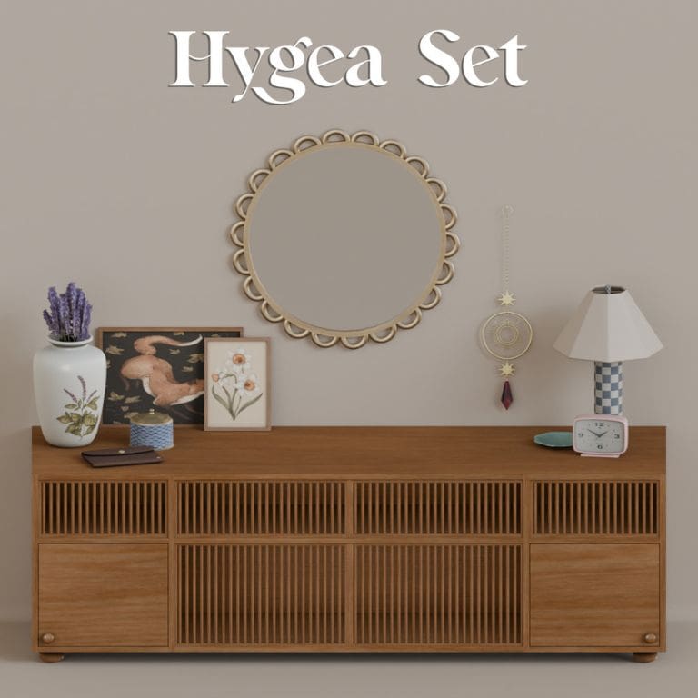 a mid-century wooden stand with decor pieces on top