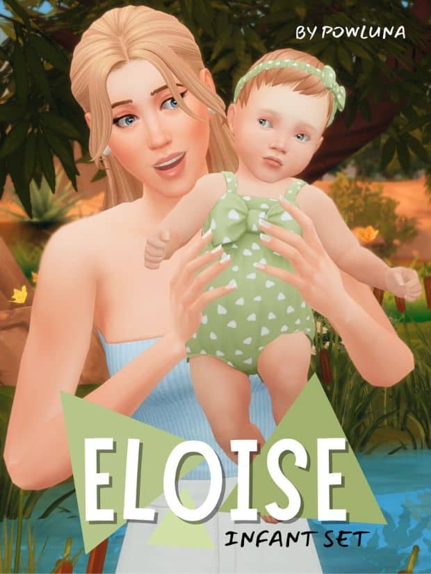 frmale sim holding up an infant dressed in green