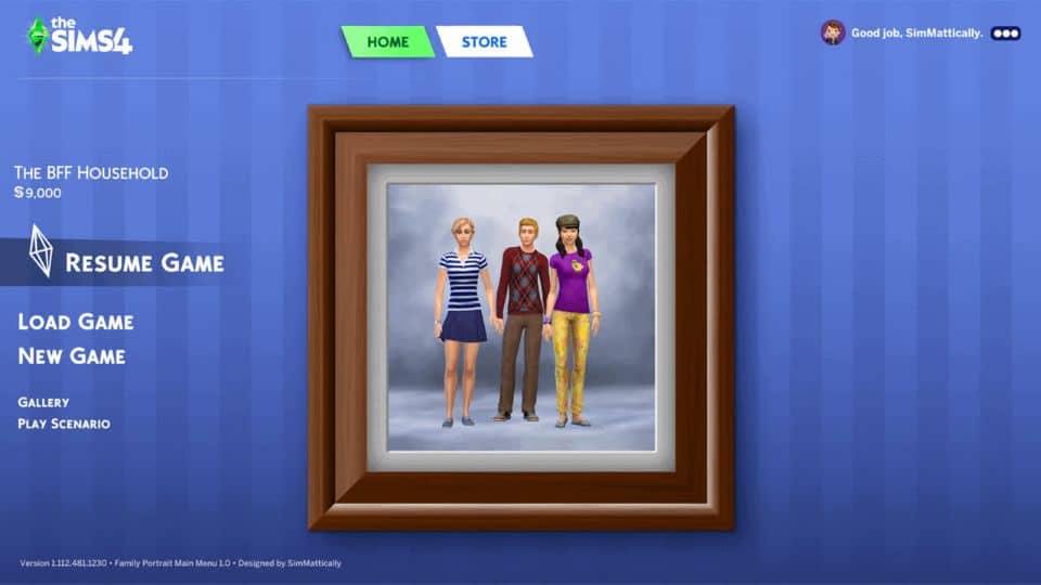 a sim family in a family portrait main menu