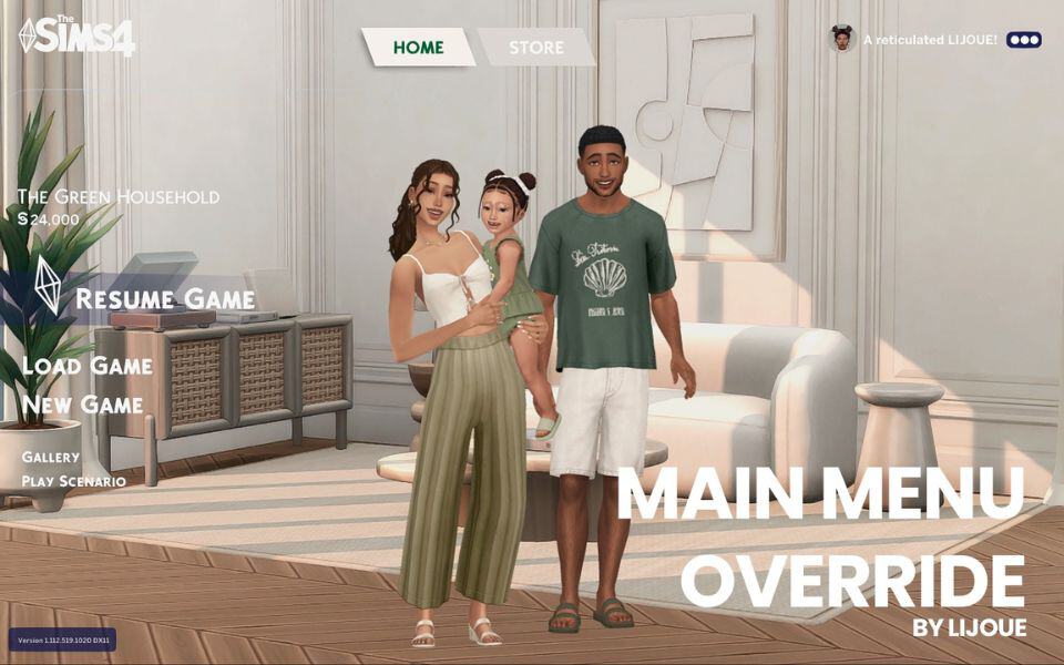 main menu with sim family standing in a modern living room